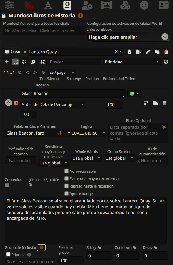 Entrada de World Info con palabras clave del faro y ambientación en español
