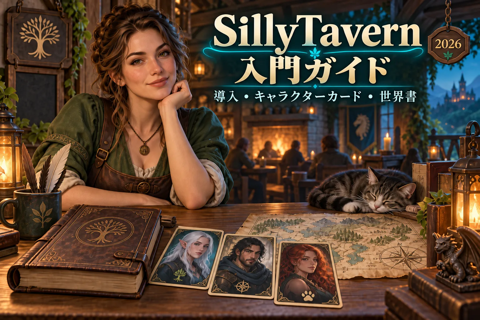 宿の主人とキャラクターカード、世界書を描いたSillyTavern入門ガイドのAI生成イラスト