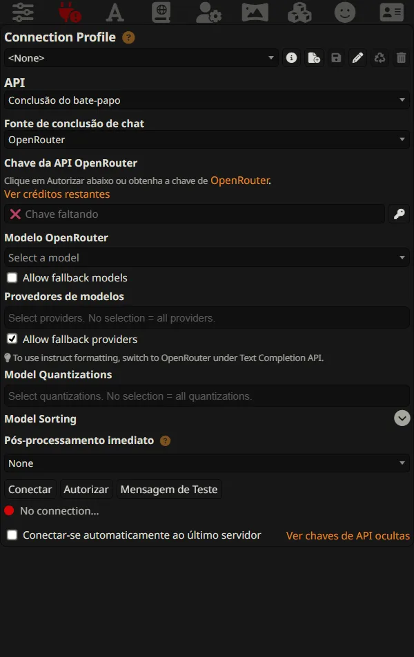 Painel de conexão ao OpenRouter no SillyTavern 1.18.0 em português, sem chave API
