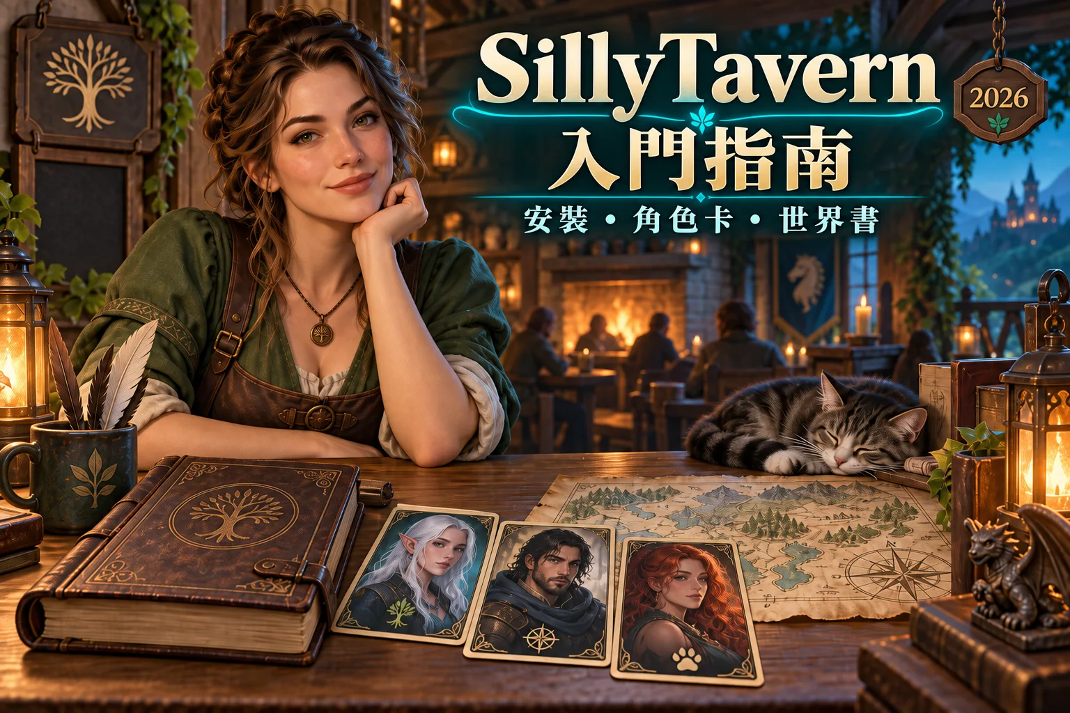 AI 生成的奇幻旅店、角色卡與世界書插畫，作為 SillyTavern 繁體中文入門指南封面
