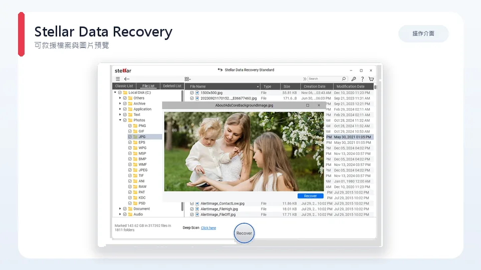 Stellar Data Recovery 顯示可救援檔案與圖片預覽的介面