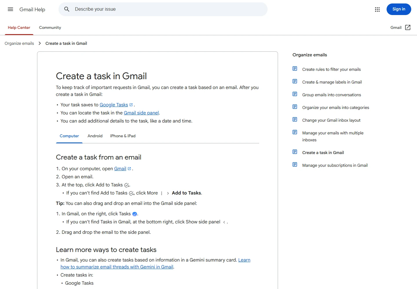 Google Gmail Help instructions for creating a task from an email
