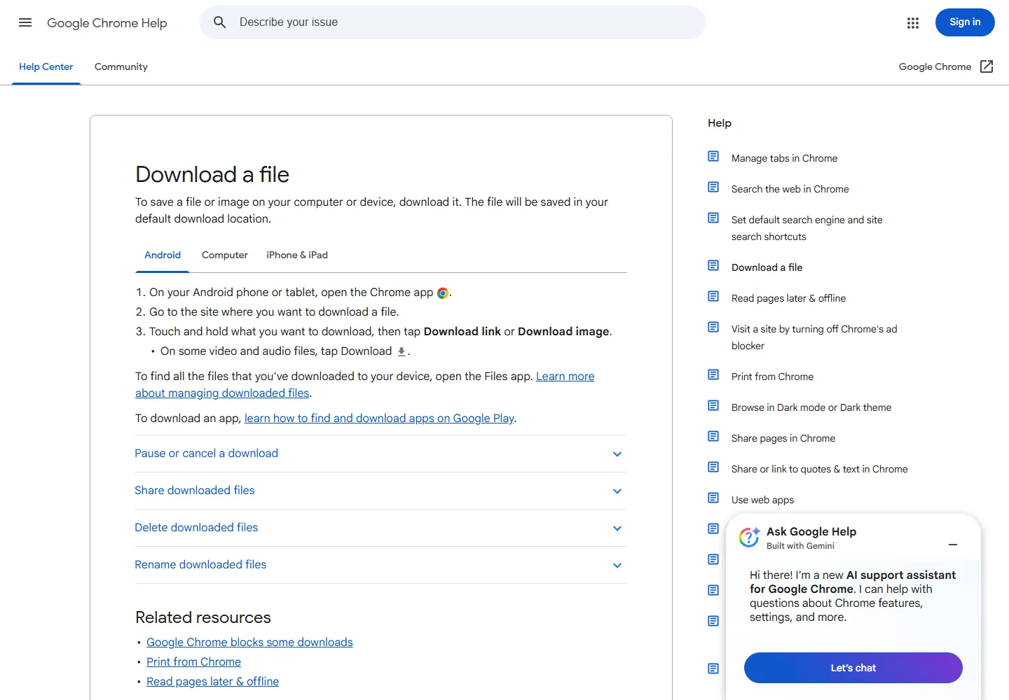 Google official download instructions for Chrome on Android
