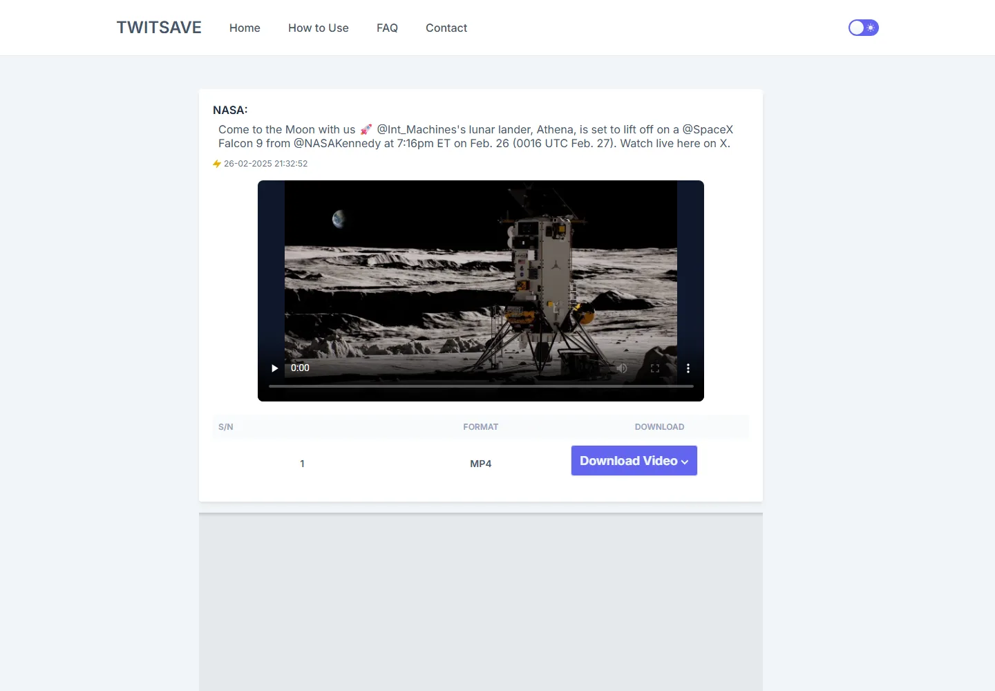 Twitsave result showing a NASA video preview and an MP4 Download Video menu