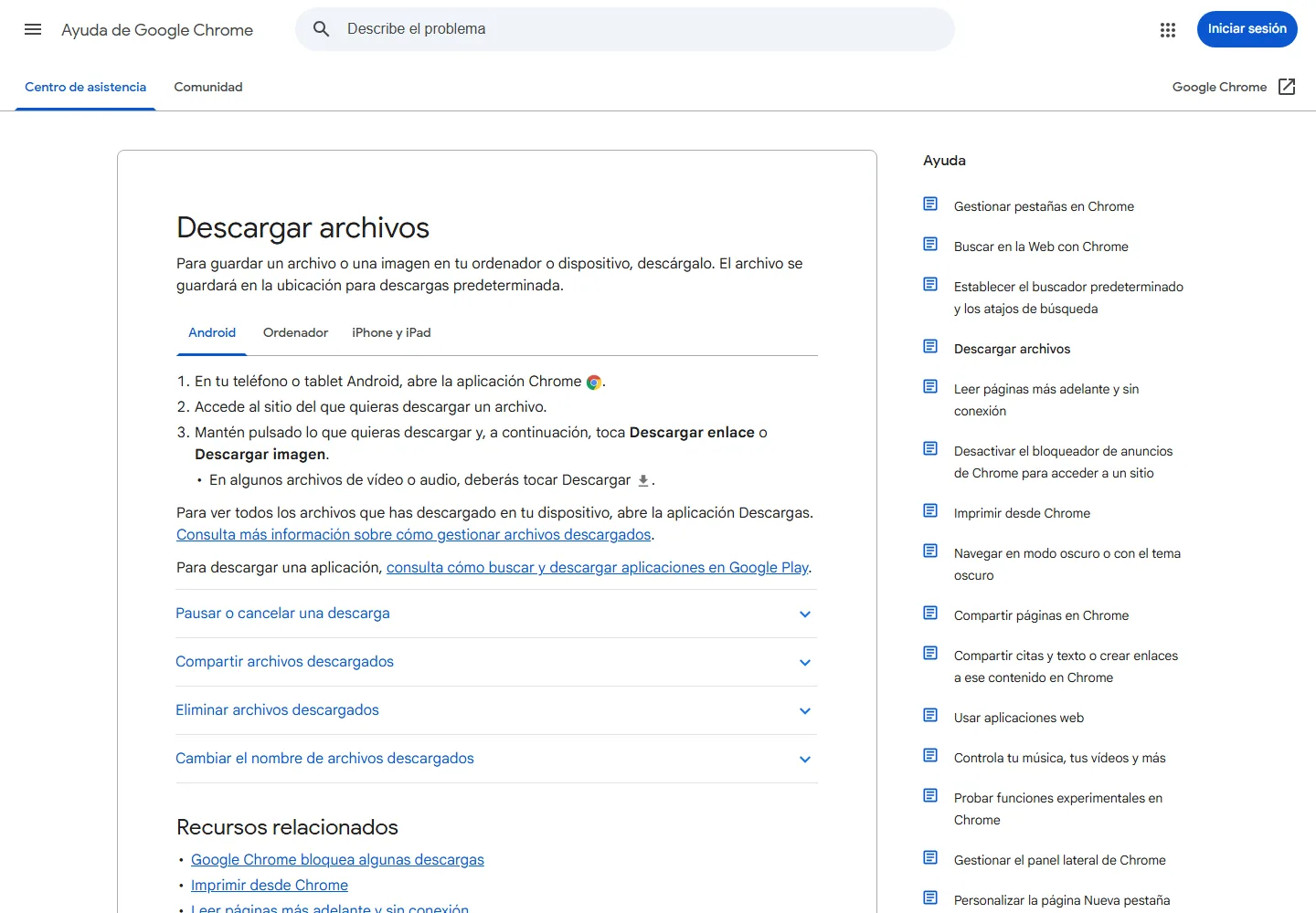 Instrucciones de Google Chrome para descargar archivos en Android