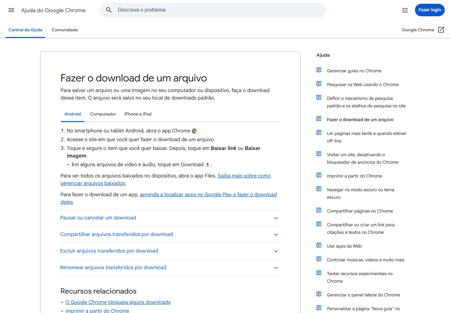Instruções do Google Chrome para baixar arquivos no Android