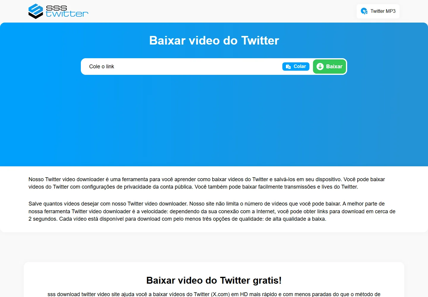 Campo de link e botão Baixar do SSSTwitter em português