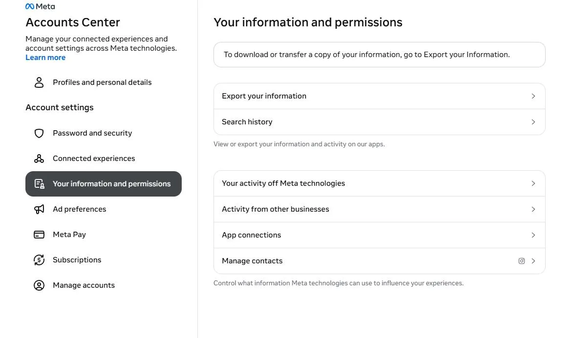 Meta Accounts Center information and permissions