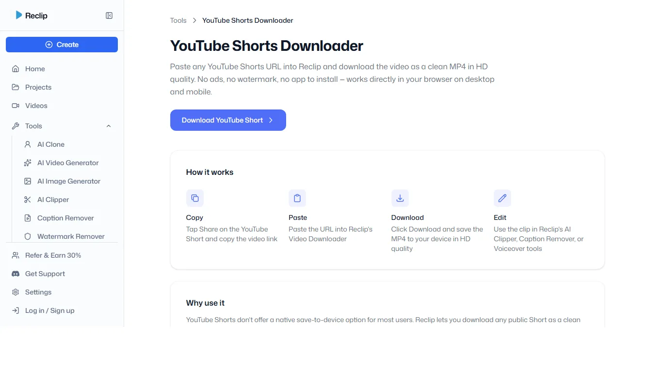 Reclip YouTube Shorts downloader