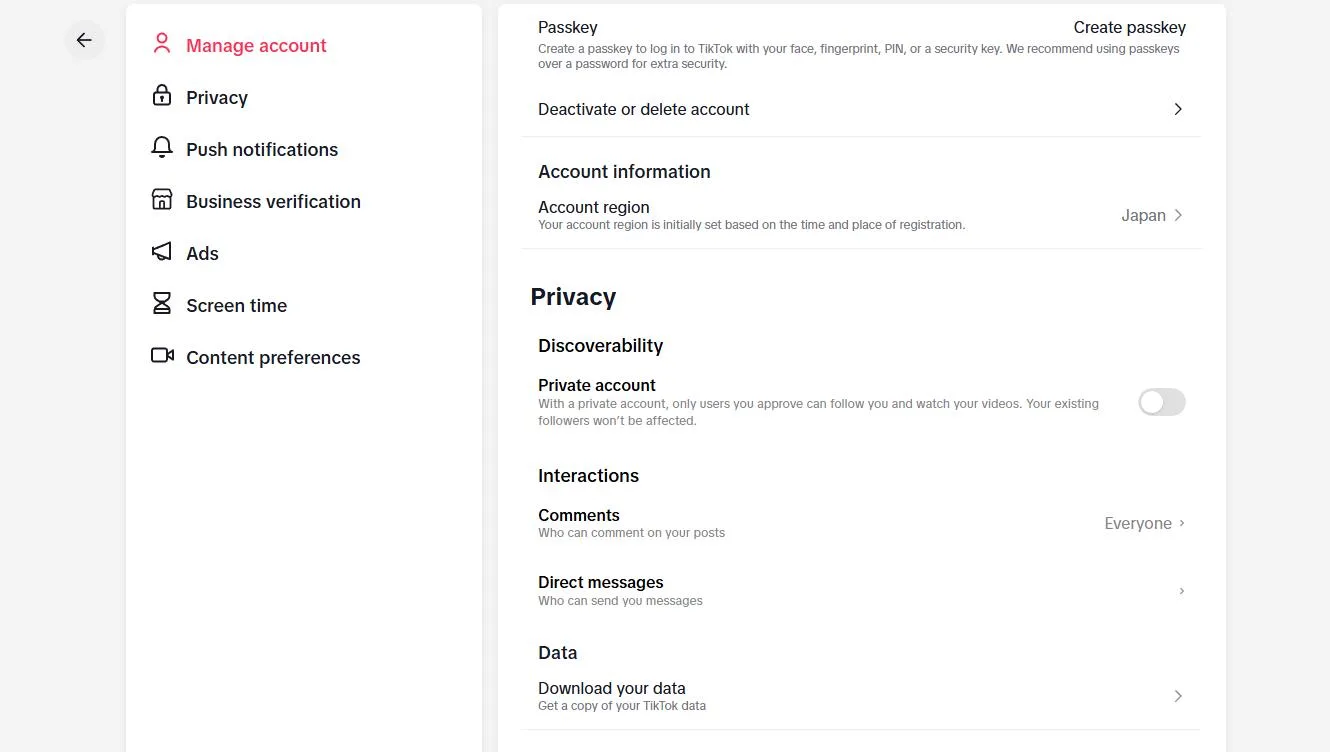 TikTok account-data settings