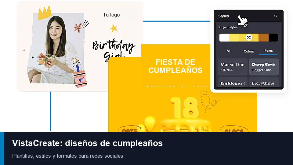 VistaCreate con un diseño de cumpleaños y controles para editar colores, fuentes, fotos y datos