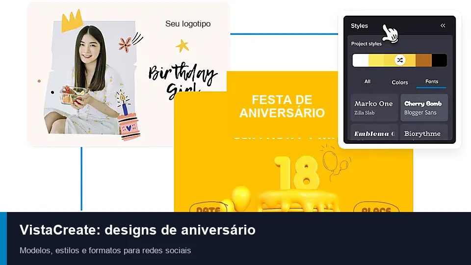 VistaCreate com um design de aniversário e controles para editar cores, fontes, fotos e dados