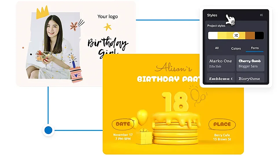 VistaCreate birthday card design preview with editable colors, fonts, photos, and event details