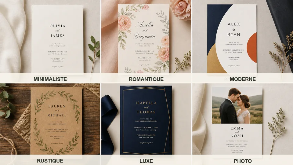Six styles de conception de cartes de mariage, du minimaliste aux invitations photo
