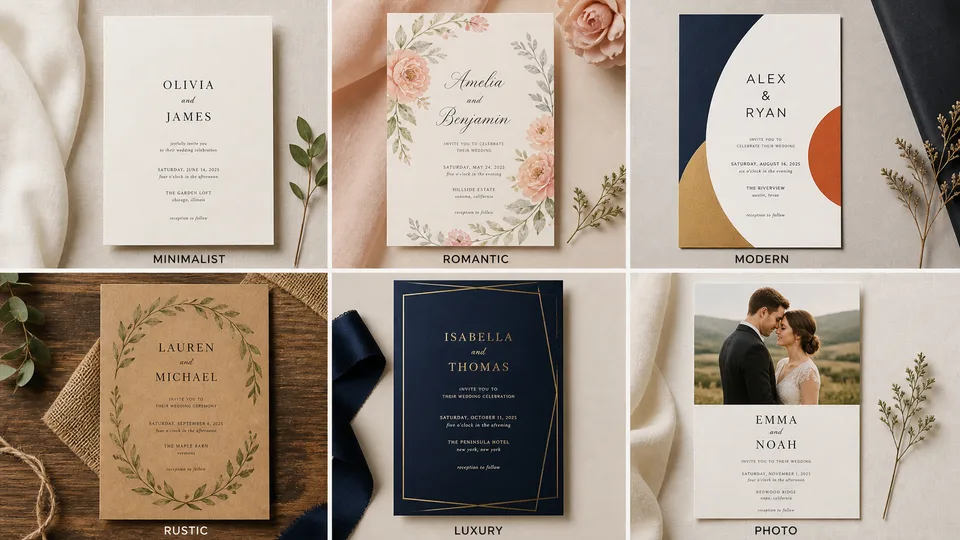 Six wedding card design styles from minimalist to photo invitations