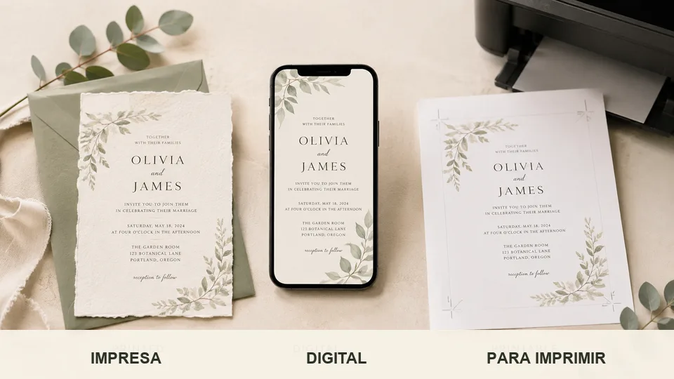 Comparación de formatos de invitación de boda impresos, digitales e imprimibles