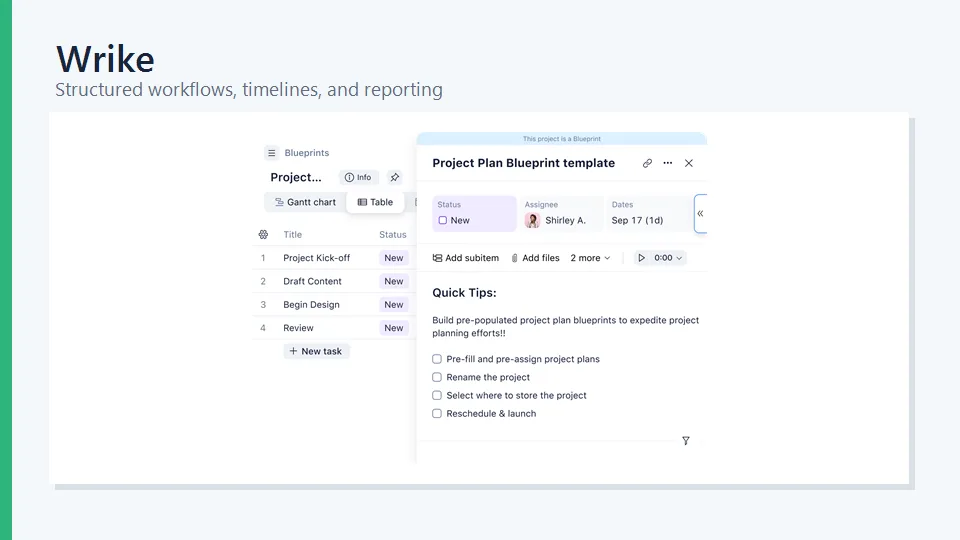 Wrike project blueprint and task management interface