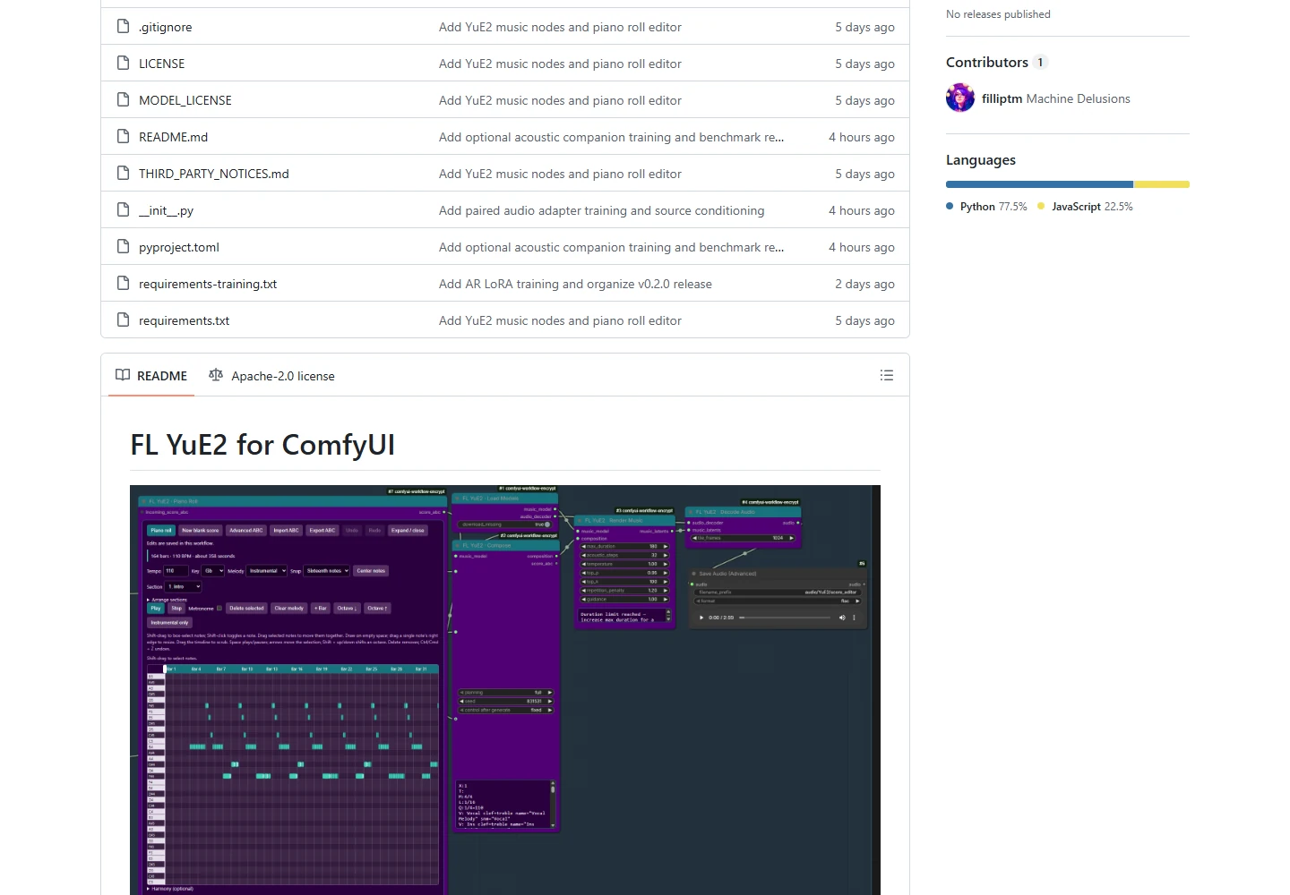 FL YuE2 ComfyUI repository showing its piano roll and connected audio generation nodes
