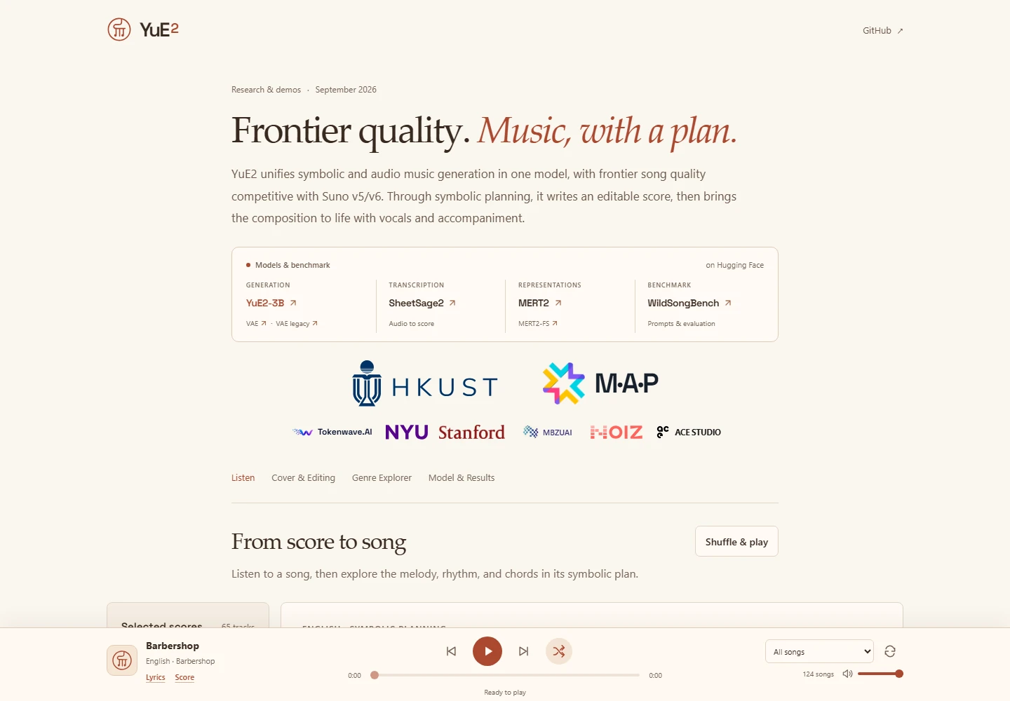 YuE2 official project page with music examples and editable score demonstration