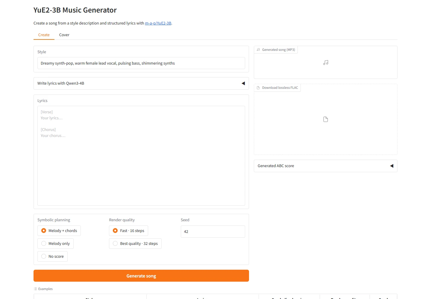 YuE2 community generation interface with style lyrics score planning and seed controls