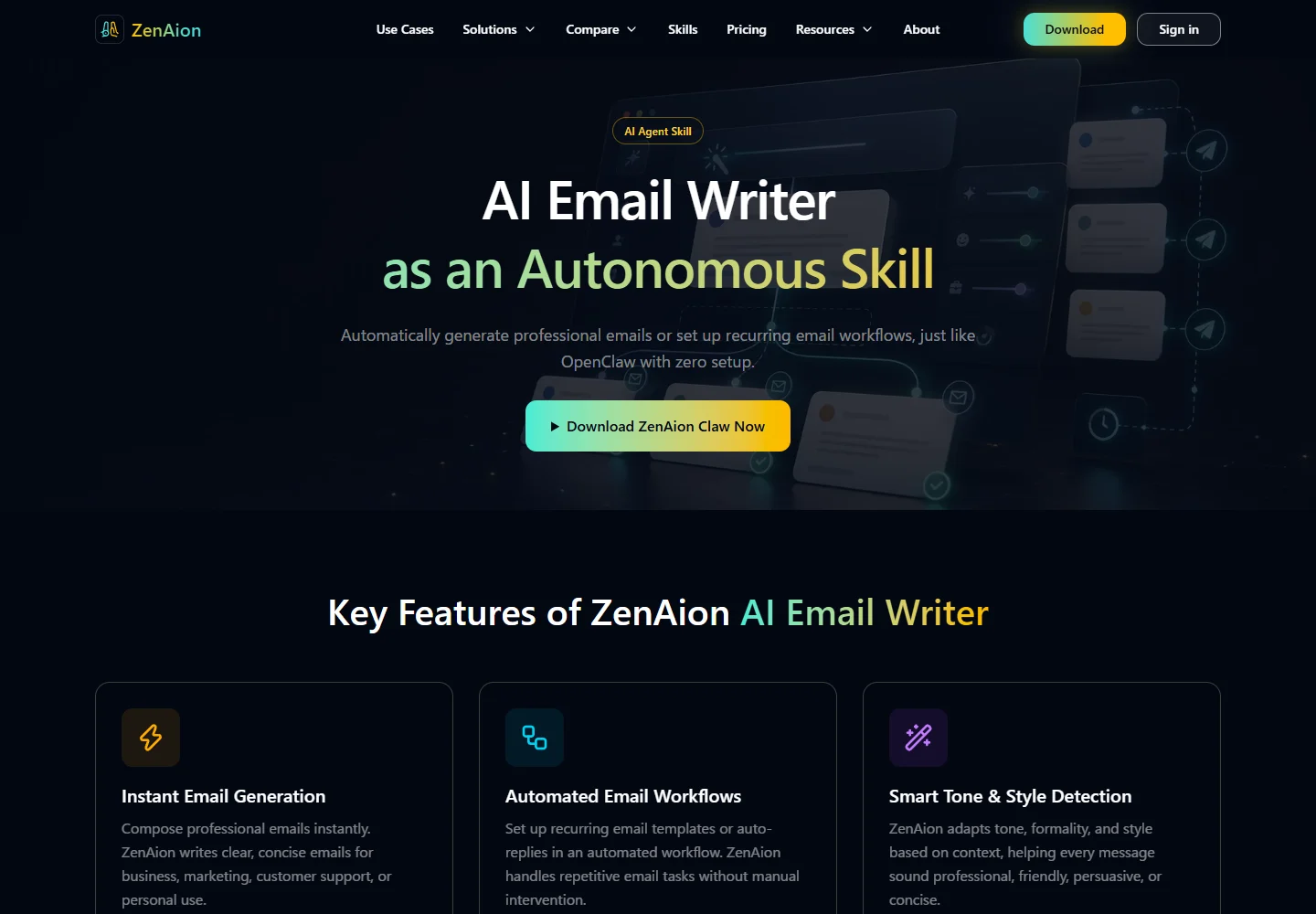 ZenAion AI Email Writer official page showing email drafting and workflow features