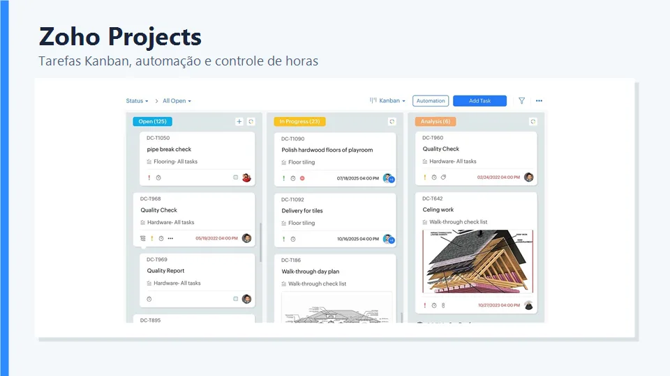 Interface do Zoho Projects com quadro Kanban
