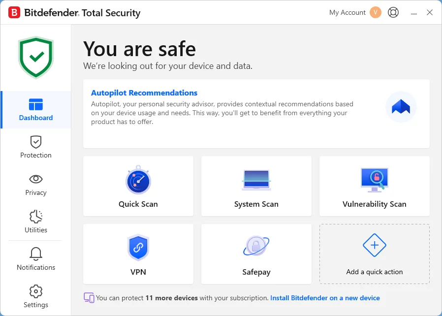 Tableau de bord Bitdefender Total Security avec outils d’analyse