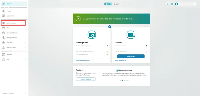 Tableau de bord ESET HOME présentant appareils et abonnements