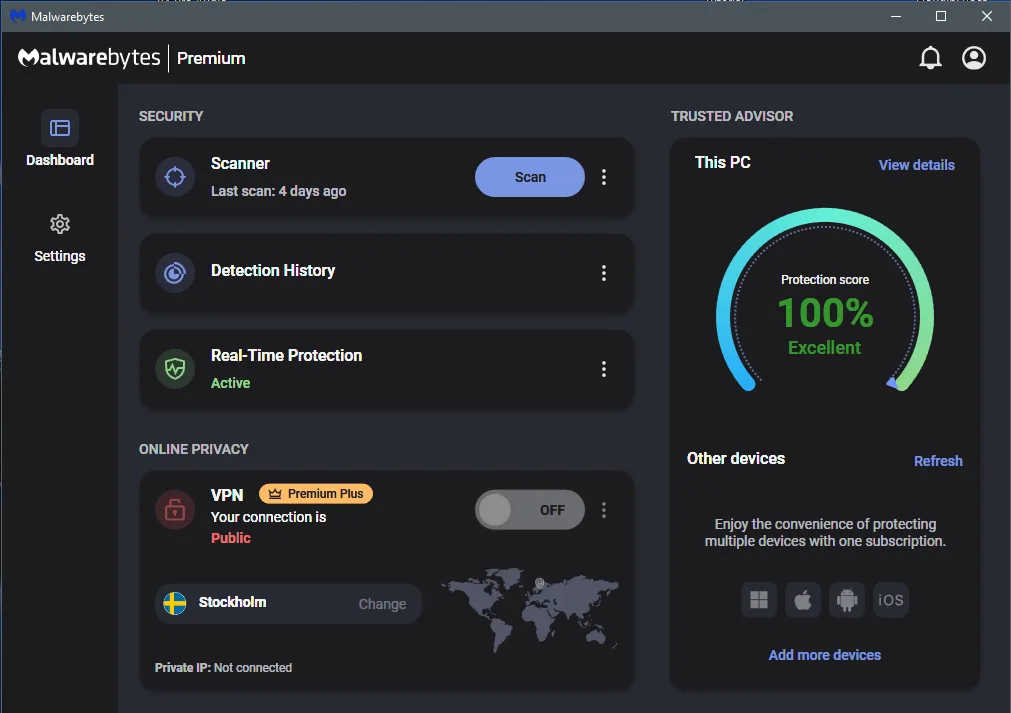 Tableau de bord Malwarebytes Premium avec analyse et protection en temps réel