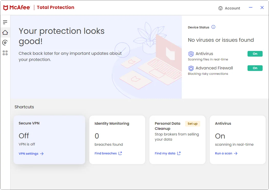 Tableau de bord McAfee avec antivirus et pare-feu actifs