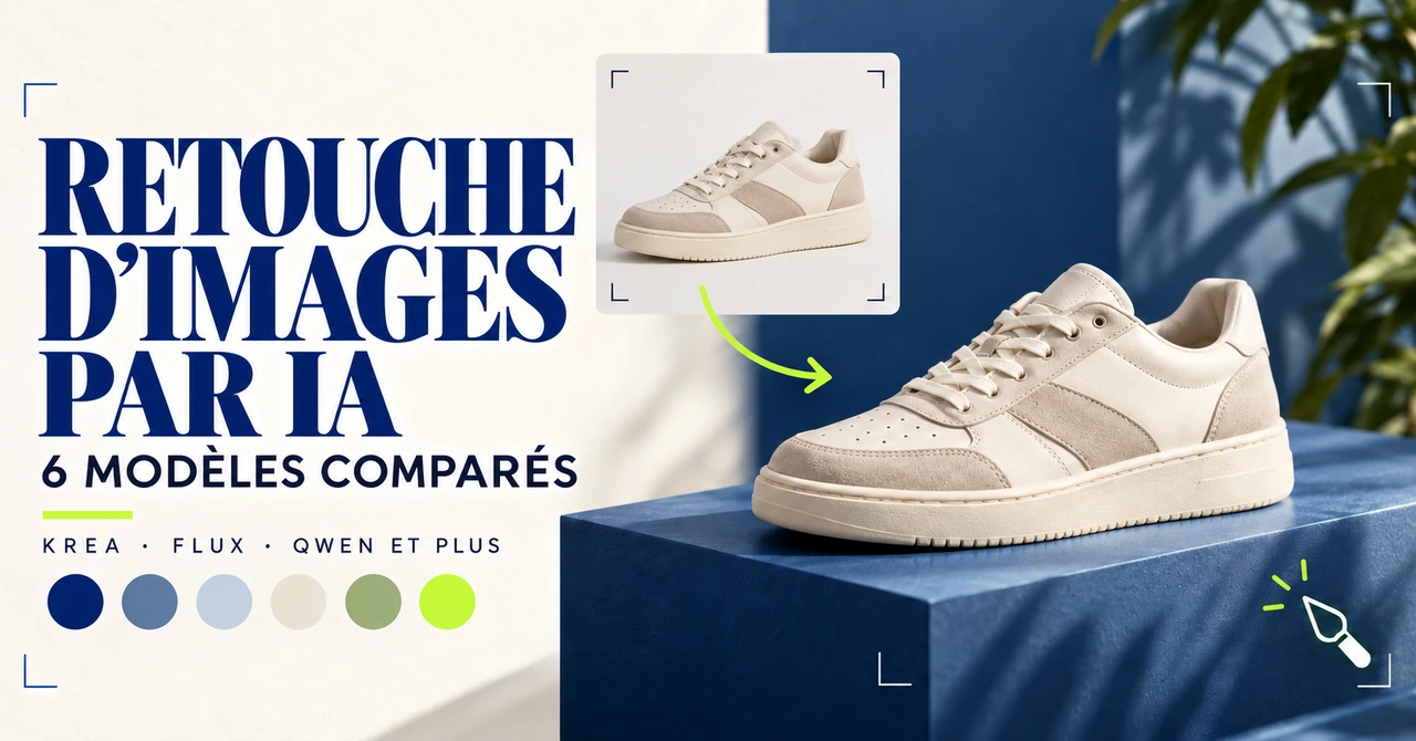 Couverture éditoriale comparant six modèles de retouche générative avec une chaussure dans deux décors