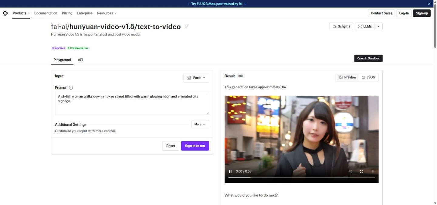 fal’s HunyuanVideo 1.5 text-to-video endpoint; service settings and billing are provider-specific