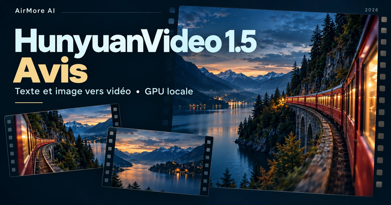 Couverture de l’avis HunyuanVideo 1.5 avec illustration cinématographique conceptuelle de train et de lac