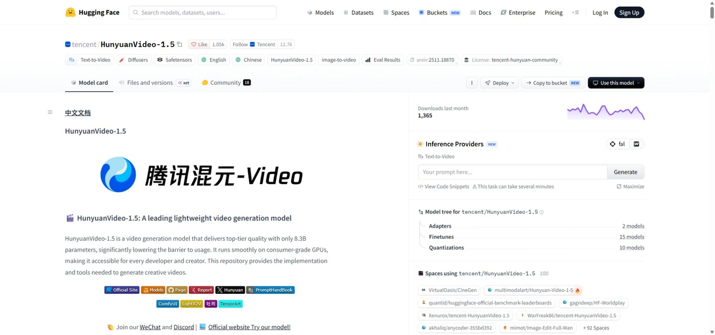 Fiche officielle Tencent et checkpoints de HunyuanVideo 1.5