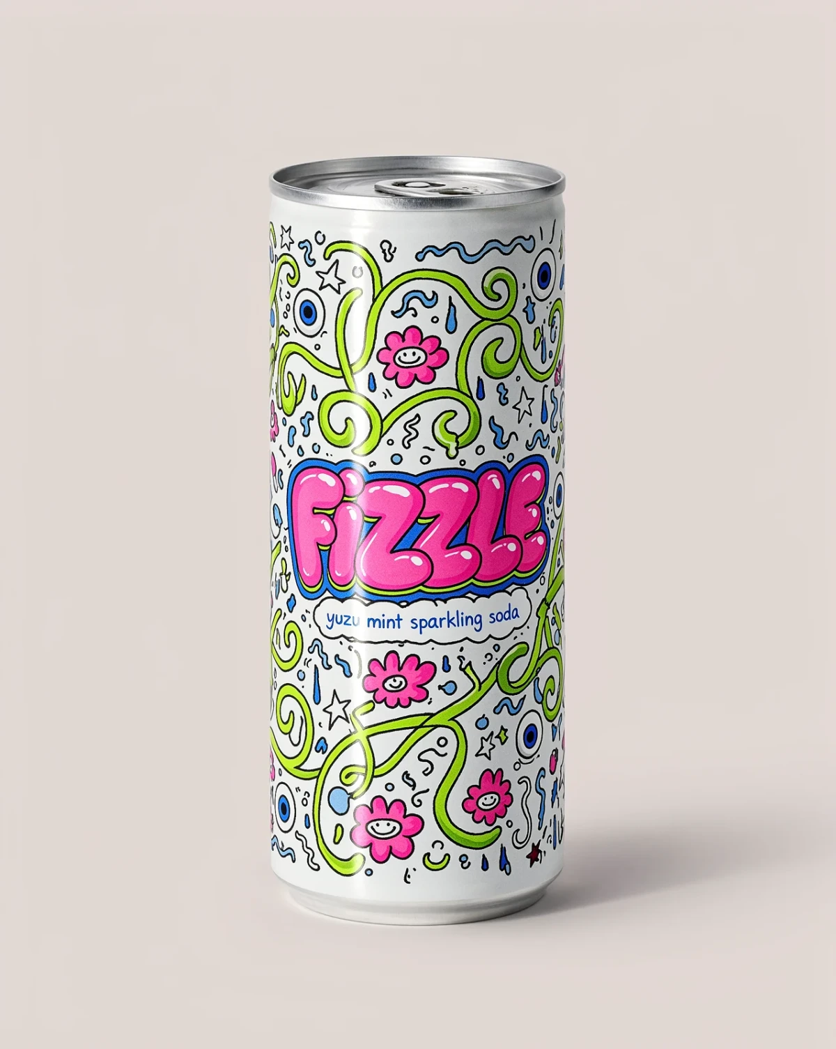 Entrée officielle : canette Fizzle sur fond uni. Exemple choisi par Krea, pas un essai AirMore.