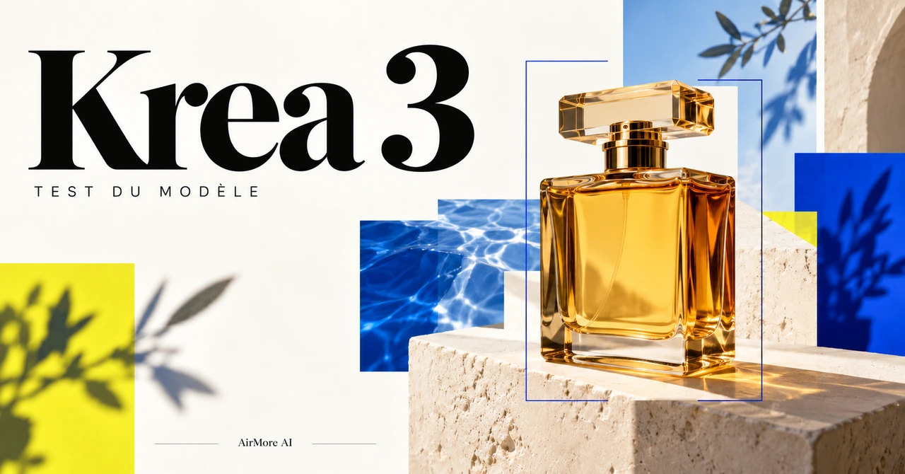 Couverture conceptuelle du test de Krea 3 avec un flacon de parfum ; ce visuel ne provient pas d’un test du modèle.