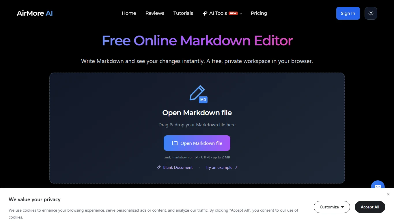 AirMore AI Markdown Editor — Official product page or editor screen