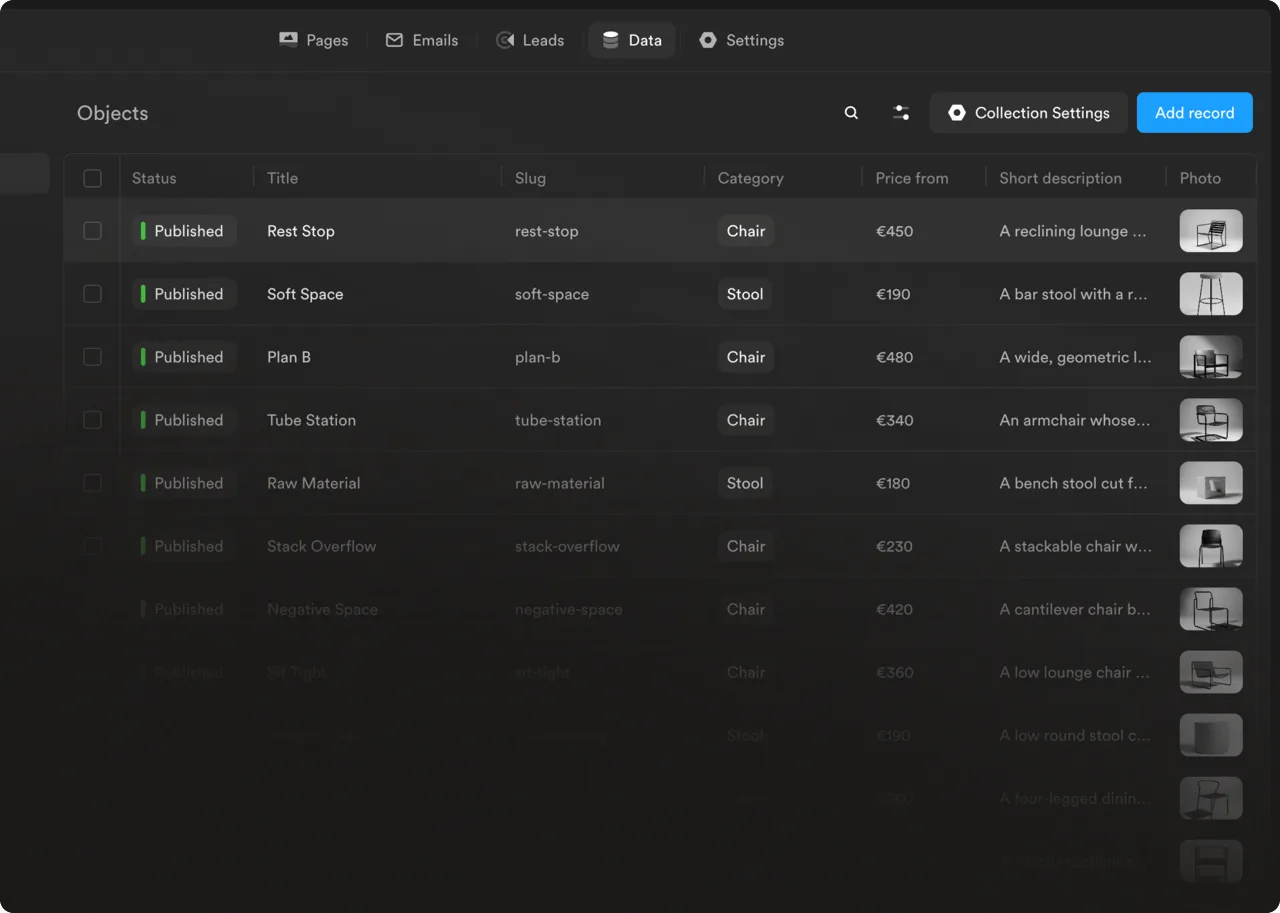 Onepage native CMS and blog content management interface