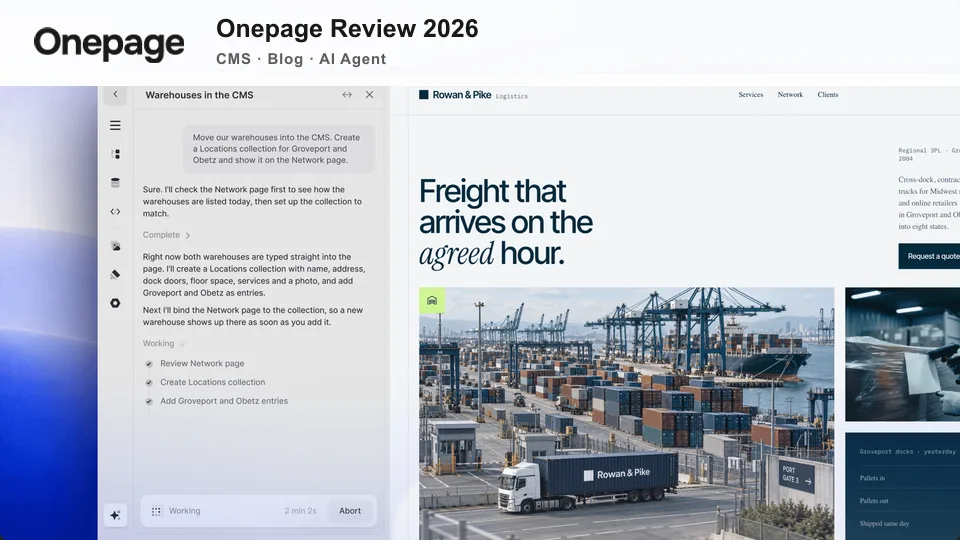Onepage review 2026 with the current Onepage logo and AI website builder interface
